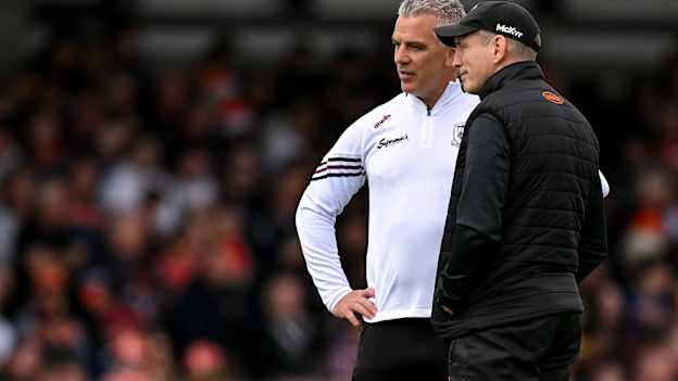 Pádraic Joyce and Kieran McGeeney before Galway and Armagh's clash in the group stages of the 2024 All-Ireland SFC. Photo by Brendan Moran/Sportsfile