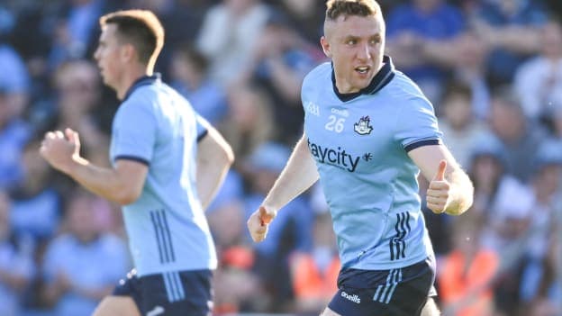 Dublin's Paddy Small celebrates at Kingspan Breffni. Photo by Ramsey Cardy/Sportsfile