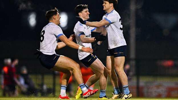 UCD's Ben O'Carroll, Paul Honeyman, and Callum Bolton after the Electric Ireland Sigerson Cup semi-final. Photo by Tyler Miller/Sportsfile