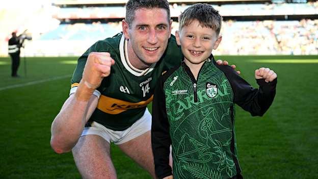 Goal scorer Paul Geaney of Kerry with his son Paidi, age 8, after the Allianz Football League Division 1 final match between Kerry and Mayo at Croke Park in Dublin. Photo by Ray McManus/Sportsfile.
