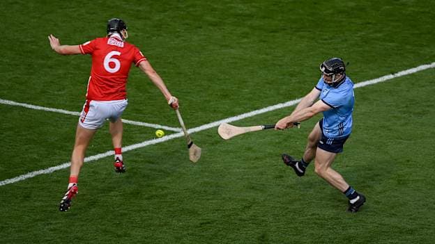 Cian O'Sullivan of Dublin shoots to score his side's second goal during the GAA Hurling All-Ireland Senior Championship semi-final match between Cork and Dublin at Croke Park in Dublin. Photo by Stephen McCarthy/Sportsfile.