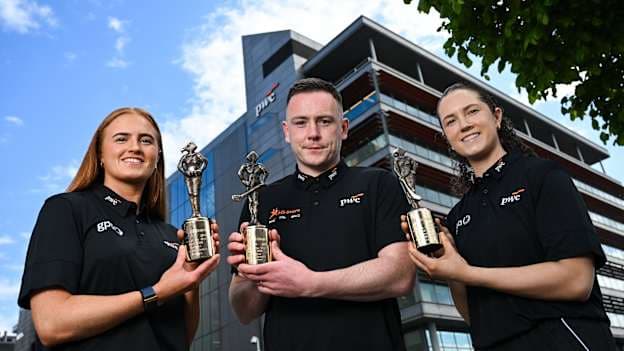 PwC GAA/GPA Players of the Month for April, from left, Armagh footballer Blaithin Mackin, Waterford hurler Stephen Bennett and Clare camogie player Lorna McNamara with their awards at the PwC offices in Dublin today. Photo by Brendan Moran/Sportsfile.