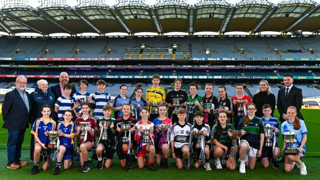 Pictured is Allianz sponsorship executive Katie Bradley, James Hayden of Cumann na mBunscol, Religious and Education CRE Sean Doolin Winning captains and award winners from the Allianz- Cumann na mBunscol football final 2023. Photo by Eóin Noonan/Sportsfile