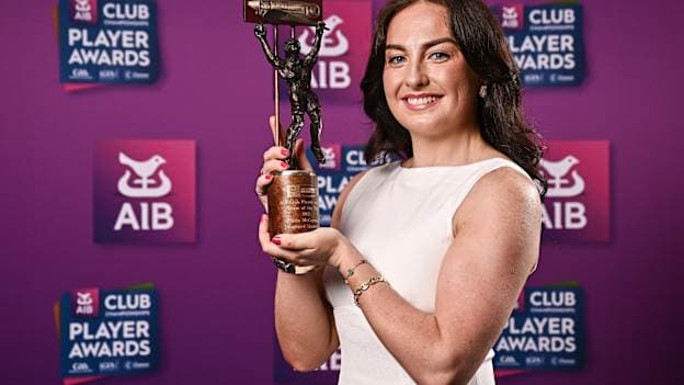 Róisín McCormick of Loughgiel Shamrocks, Antrim, with her 2025/26 AIB Club Camogie Team of the Year award during the AIB Club Player Awards at Croke Park in Dublin. The event marked the second time that the four codes of Hurling, Football, Camogie, and Ladies Football were celebrated together, honouring the best club players from across the country. Photo by Seb Daly/Sportsfile.
