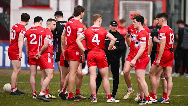 Derry manager Paddy Tally talks to his players before the Allianz Football League Division 1 match between Derry and Mayo at Celtic Park in Derry. Photo by Ben McShane/Sportsfile.