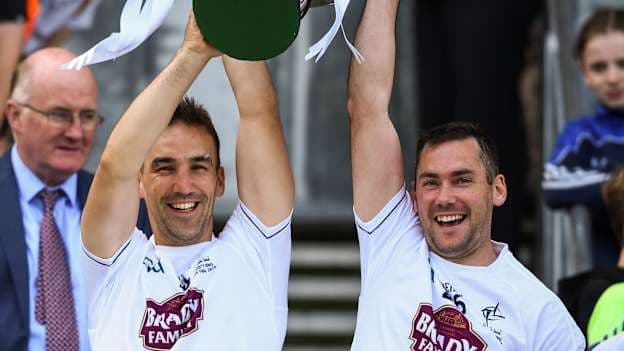 Martin Fitzgerald, left, and Diarmuid Cahill of Kildare lift the cup following the 2018 Christy Ring Cup Final match between London and Kildare at Croke Park in Dublin. Photo by David Fitzgerald/Sportsfile