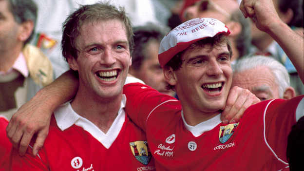 Cork players, Larry Tompkins, left, and John O'Driscoll, celebrate on the steps of the Hogan Stand after the 1989 All-Ireland Final against Mayo. Picture credit; Ray McManus / SPORTSFILE