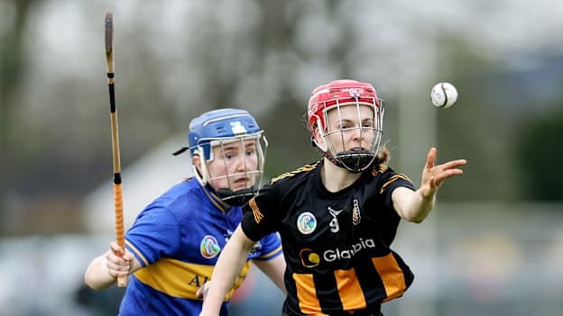 Laura Greene, Kilkenny, and Eimear McGrath, Tipperary, in Centra Camogie League action.