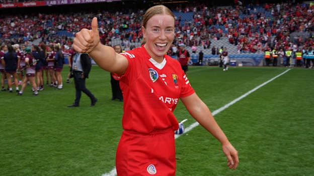 Cork's Laura Treacy celebrates after victory in the 2024 Glen Dimplex All-Ireland Senior Camogie Championship Final. Credit ©INPHO/James Lawlor 