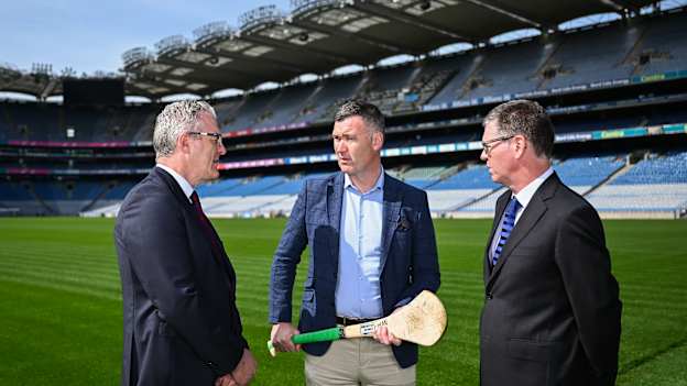 GAA National Head of Hurling William Maher, centre, with Uachtarán Chumann Lúthchleas Gael Jarlath Burns, left, and Ard Stiúrthóir of the GAA Tom Ryan after a media conference at Croke Park in Dublin. Photo by Piaras Ó Mídheach/Sportsfile.