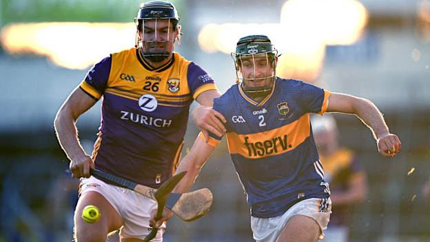Jack O’Connor, Wexford, and Robert Doyle, Tipperary, in Allianz Hurling League action. Photo by Brendan Moran/Sportsfile