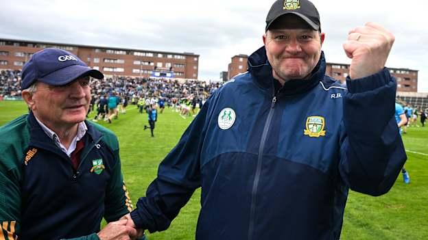 Meath supporter Christy Cooney congratulates Meath manager Robbie Brennan after the Leinster GAA Football Senior Championship semi-final match between Dublin and Meath at Laois Hire O'Moore Park in Portlaoise, Laois. Photo by Ray McManus/Sportsfile.