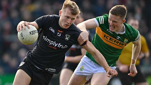 Rian O'Neill of Armagh is tackled by Jason Foley of Kerry during the Allianz Football League Division 1 match between Armagh and Kerry at the Athletic Grounds in Armagh. Photo by Ramsey Cardy/Sportsfile.