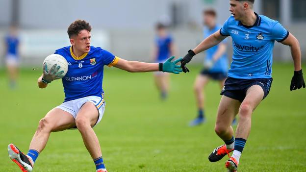 Sean Fagan, Longford, and Dara O'Sullivan, Dublin, in Electric Ireland Leinster MFC action. Photo by David Fitzgerald/Sportsfile