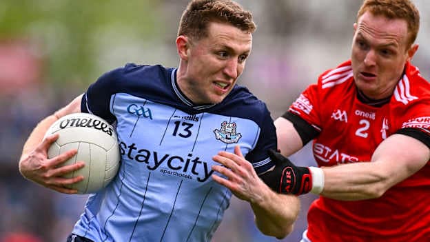 Paddy Small of Dublin in action against Donal McKenny of Louth during the Leinster GAA Football Senior Championship semi-final match between Louth and Dublin at Laois Hire O'Moore Park in Portlaoise, Laois. Photo by Piaras Ó Mídheach/Sportsfile.