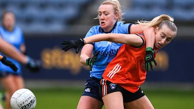 Carla Rowe, Dublin, and Cait Towe, Armagh, in Ladies National Football League action. Photo by Stephen McCarthy/Sportsfile