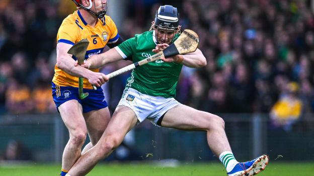John Conlon, Clare, and Gearóid Hegarty, Limerick, in action during the 2023 Munster SHC. Photo by Piaras Ó Mídheach/Sportsfile