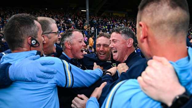 Manager James Woodlock celebrates with his Tipperary backroom team at UPMC Nowlan Park.  Photo by Seb Daly/Sportsfile