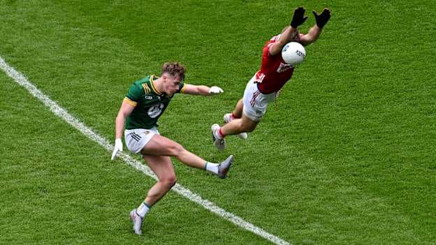 Ruairí Kinsella of Meath in action against Ian Maguire of Cork during the Allianz Football League Division 2 final match between Meath and Cork at Croke Park in Dublin. Photo by Ramsey Cardy/Sportsfile