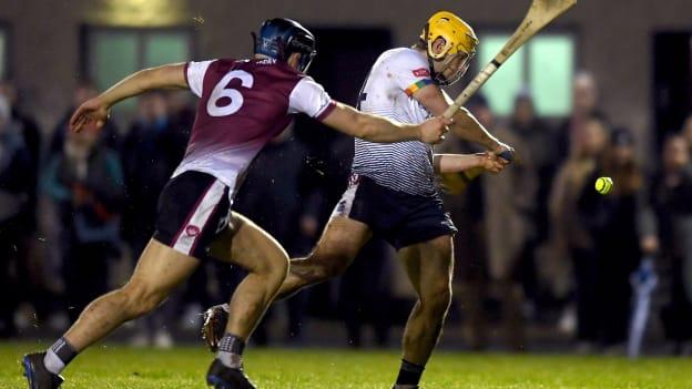 Mark Rogers of University of Limerick scores his side's first goal despite the efforts of Shane Morgan of University of Galway during the Electric Ireland Higher Education GAA Fitzgibbon Cup semi final match between University of Galway and University of Limerick at St Joseph's Doora-Barefield GAA Club in Ennis, Clare. Photo by John Sheridan/Sportsfile.
