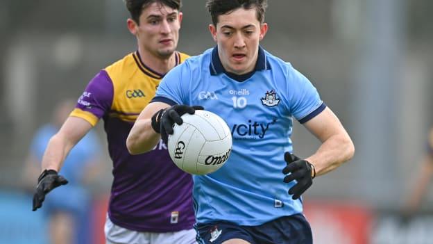 Killian McGinnis, Dublin, and Cathal Walsh, Wexford, in action at Parnell Park. Photo by Stephen Marken/Sportsfile