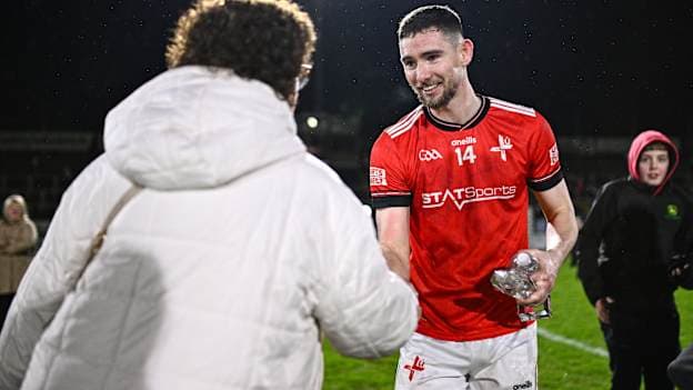 Ciaran Downey of Louth with supporters after the Allianz Football League Division 2 match between Cavan and Louth at Kingspan Breffni in Cavan. Photo by Ben McShane/Sportsfile.