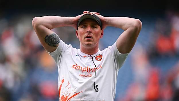 Armagh selector Kieran Donaghy reacts after his side's victory in the GAA Football All-Ireland Senior Championship semi-final match between Armagh and Kerry at Croke Park in Dublin. Photo by Seb Daly/Sportsfile.