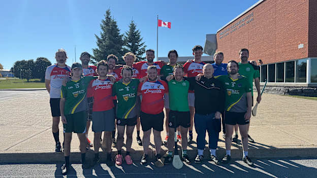 The Team Canada hurlers pose for a photo before training in Vankleek Hill. 