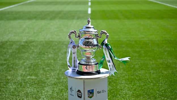 The Tailteann Cup on display before the 2025 Tailteann Cup final match between Kildare and Limerick at Croke Park in Dublin. Photo by Piaras Ó Mídheach/Sportsfile.