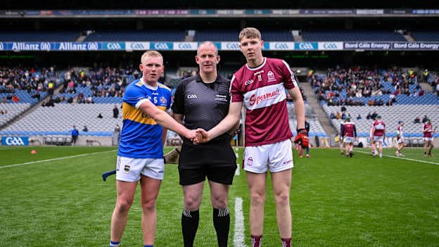 CBS Thurles captain Robbie Ryan, referee Johnny Murphy and Presentation College Athenry captain Jason Rabbitte before the 2025 Masita GAA Hurling Post Primary Schools Croke Cup final match between Presentation College Athenry, Gaway and CBS Thurles, Tipperary at Croke Park in Dublin. Photo by Stephen Marken/Sportsfile.