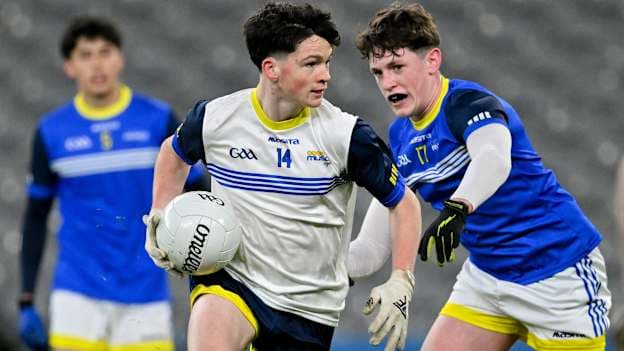 Tadgh Mulvihill from Westmeath, centre, in action against Robbie Wynne from Offaly, right, during a GAA and Musco Youth partnership launch at Croke Park in Dublin. Photo by Sam Barnes/Sportsfile 