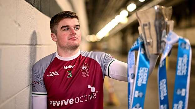 Colin Murray of University of Galway poses for a portrait with the Sigerson Cup before the draw for the Electric Ireland GAA Higher Education Championships at Croke Park in Dublin. Photo by Piaras Ó Mídheach/Sportsfile