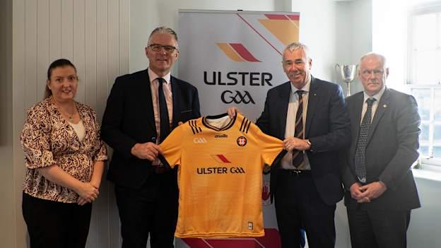 GAA President, Jarlath Burns, presents an Ulster GAA jersey to PSNI Chief Constable, Jon Boutcher, at Ulster GAA Headquarters in Armagh.


