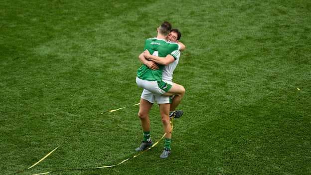 Richie English, left, and Nickie Quaid of Limerick celebrate after the GAA Hurling All-Ireland Senior Championship Final match between Galway and Limerick at Croke Park in Dublin. Photo by Daire Brennan/Sportsfile.