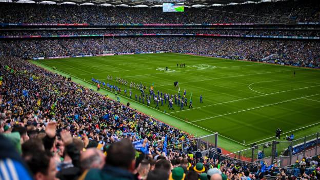 Both teams parade before the GAA Football All-Ireland Senior Championship final match between Dublin and Kerry at Croke Park in Dublin. Photo by David Fitzgerald/Sportsfile