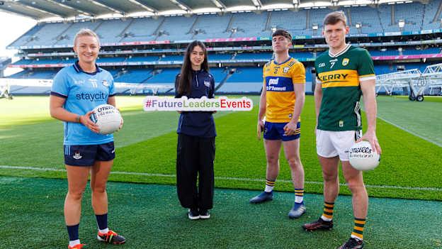 Pictured at the launch of Future Leaders Events Month were, left to right, Dublin LGFA star and Balbriggan Community College teacher, Carla Rowe, Pia Amsar, Future Leaders Events Month Poster Competition winner, Clare hurler and former Future Leaders participant, Adam Hogan, and Kerry footballer and St. Brendan's College Killarney teacher, Gavin White. 