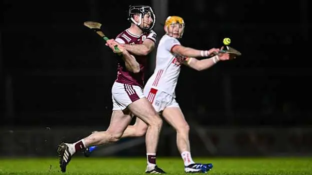 Padraic Mannion, Galway, and Shane Barrett, Cork, in Allianz Hurling League action earlier this year. Photo by Ben McShane/Sportsfile