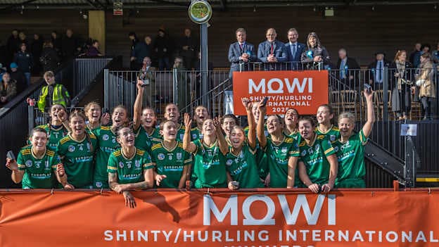 Ireland celebrate after victory over Scotland in the 2025 Camogie-Shinty International.