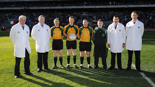 Referee Joe McQuillan with his linesmen Michael Duffy, left, Derek O'Mahoney, right, fourth official Stephen Johnson and his umpires before the 2008 AIB All-Ireland Club Football Final, St Vincents v Nemo Rangers, Croke Park, Dublin. Picture credit; Ray McManus / SPORTSFILE.