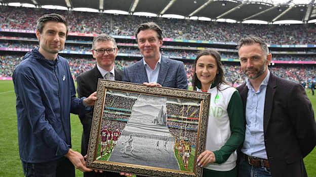 At the GAA presentation to the OFI, celebrating the centenary of Team Ireland at the Olympics are, from left, athlete Mark English, Ard Stiúrthóir of the GAA Tom Ryan, OFI CEO Peter Sherrard, athlete Phil Healy and artist David Sweeney at the GAA presentation to the OFI at Croke Park in Dublin. Photo by Ray McManus/Sportsfile
