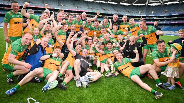 The Donegal players celebrate with the Nickey Rackard Cup after the Nickey Rackard Cup final match between Donegal and Mayo at Croke Park in Dublin. Photo by Ray McManus/Sportsfile.