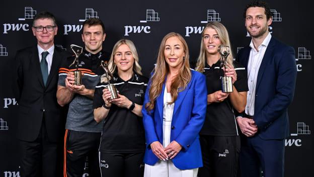 In attendance at the PwC GAA/GPA Player of the Month and PwC GPA Women’s Player of the Month Awards for April are, GAA Ard Stiúrthóir Tom Ryan, Clare hurler Shane O'Donnell, Armagh footballer Lauren McConnville, Global ETF Leader and Partner at PwC Ireland Marie Coady, Tipperary camogie player Karen Kennedy, and GPA Chief Executive Tom Parsons. Photo by Sam Barnes/Sportsfile