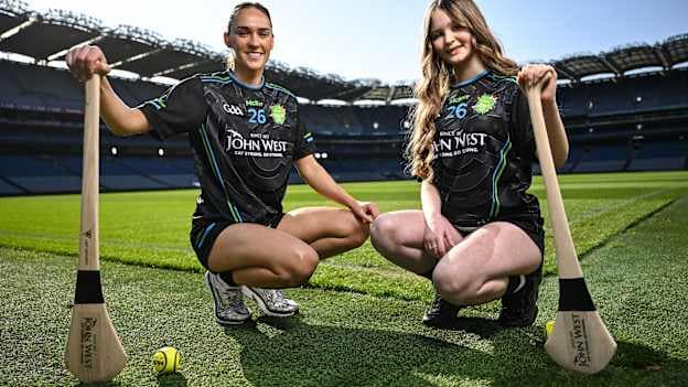 Galway camogie player Carrie Dolan pictured with young O'Tooles GAA camogie player Holly Dempsey at the launch of John West Féile – 2026, marking 11 years sponsorship by the company of the competition at Croke Park today. Photo by David Fitzgerald/Sportsfile.