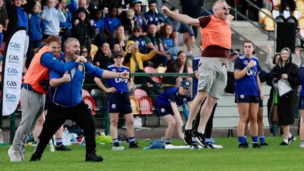 Limekiln's team mentors celebrate after victory in the All-Ireland Senior Women's GAA Rounders Final. 