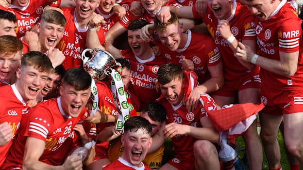 Tyrone players celebrate after their side's victory in the 2022 EirGrid GAA Football All-Ireland Under 20 Championship Final match between Kildare and Tyrone at Avant Money Páirc Seán Mac Diarmada, Carrick-on-Shannon in Leitrim. Photo by Piaras Ó Mídheach/Sportsfile