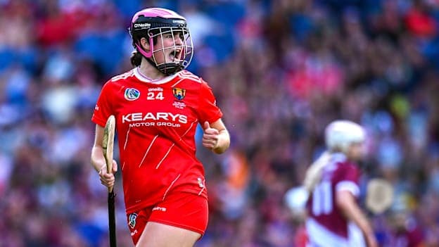 Emma Murphy of Cork celebrates scoring a point during the 2025 Glen Dimplex All-Ireland Senior Camogie Championship final match between Cork and Galway at Croke Park in Dublin. Photo by Piaras Ó Mídheach/Sportsfile