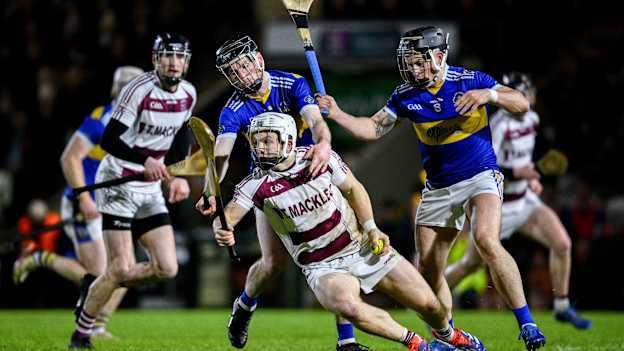 Cormac O'Doherty of Slaughtneil in action against Caolan Taggart, left, and Caolan Taggart of Portaferry during the AIB Ulster GAA Senior Club Hurling Championship final match between Portaferry of Down and Slaughtneil of Derry at BOX-IT Athletic Grounds in Armagh. Photo by Ramsey Cardy/Sportsfile.