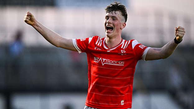 James Maguire of Louth celebrates at the final whistle after his side's victory in the Dalata Hotel Group Leinster GAA Football U20 Championship final match between Meath and Louth at Cedral St Conleth’s Park in Newbridge, Kildare. Photo by Seb Daly/Sportsfile.