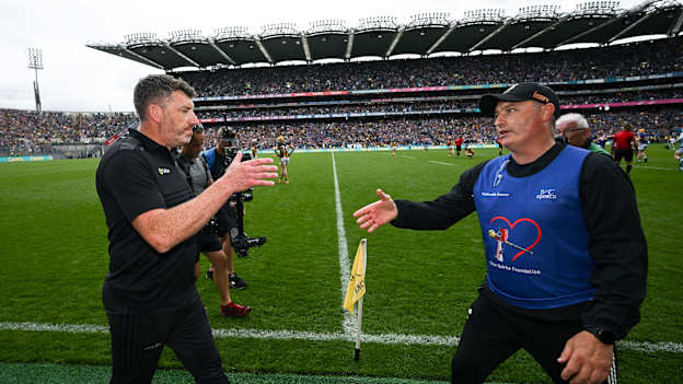 Kilkenny manager Derek Lyng, left, and Tipperary manager Liam Cahill shake hands after the GAA Hurling All-Ireland Senior Championship semi-final match between Kilkenny and Tipperary at Croke Park in Dublin. Photo by Ramsey Cardy/Sportsfile.