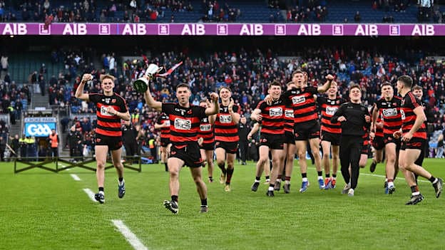 Ballygunner players celebrate with the Tommy Moore Cup after their side's victory in the AIB GAA Hurling Senior Club Championship final match between Ballygunner of Waterford and Loughrea of Galway at Croke Park in Dublin. Photo by Piaras Ó Mídheach/Sportsfile.